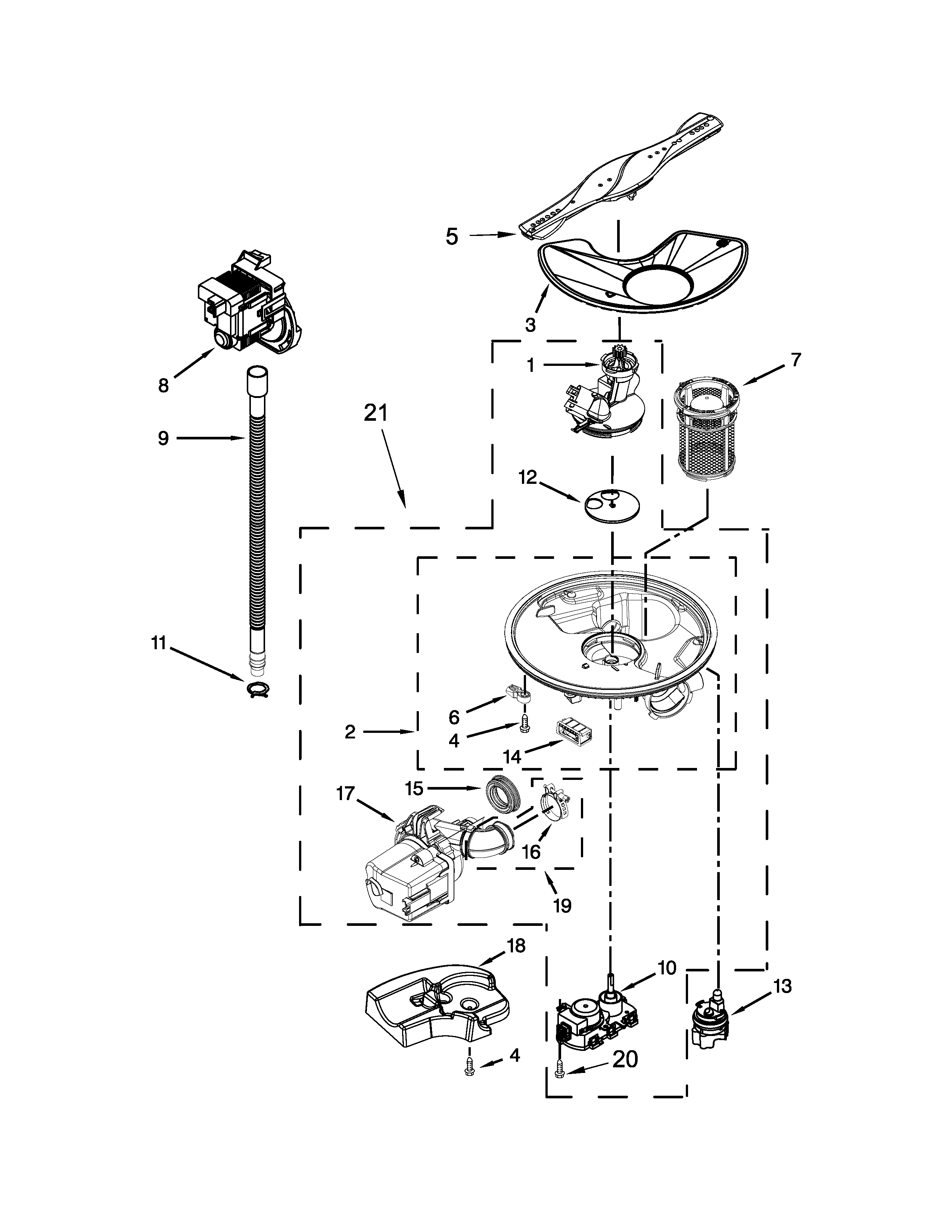 Pump, Washarm And Motor Parts Diagram and Parts List for 66513549N410  Kenmore Dishwasher