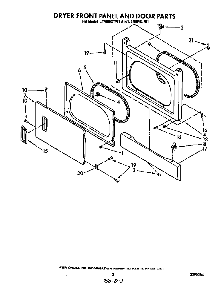 Dryer Front Panel And Door Diagram and Parts List for LT5004XTW1  Whirlpool Washer Dryer Combo