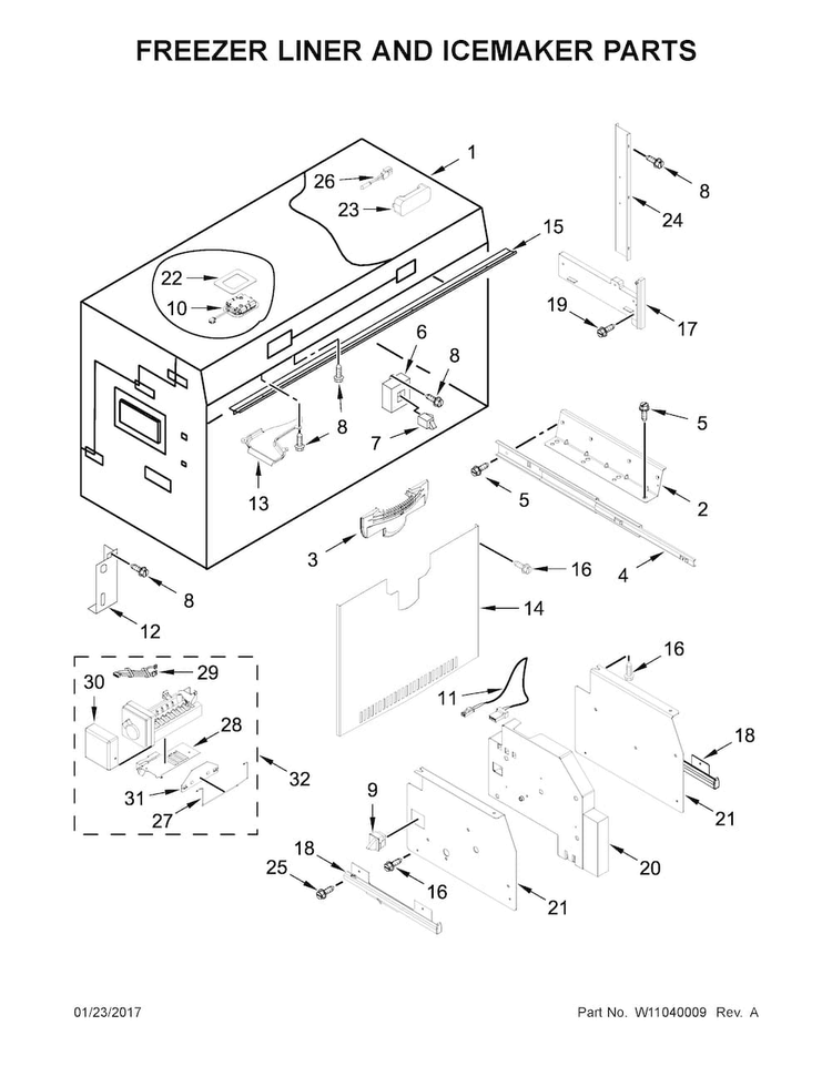 Freezer Liner And Icemaker Parts Diagram and Parts List for KBFN506ESS01  KitchenAid Refrigerator