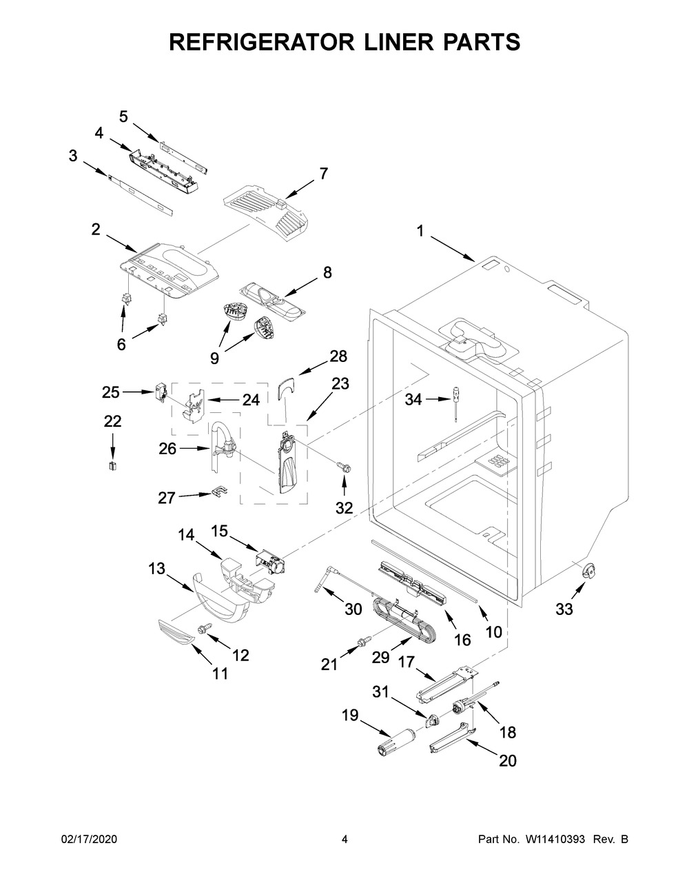 Refrigerator Liner Parts Diagram and Parts List for KRFF305EWH03  Whirlpool Refrigerator