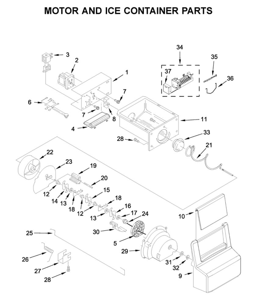 Motor And Ice Container Parts Diagram and Parts List for 10650049710  Kenmore Refrigerator