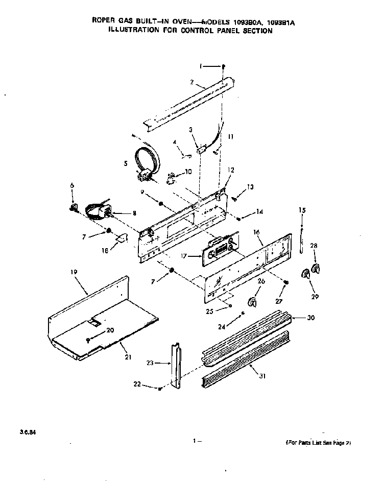 Control Panel Diagram and Parts List for 1093B1A  Roper Wall Oven