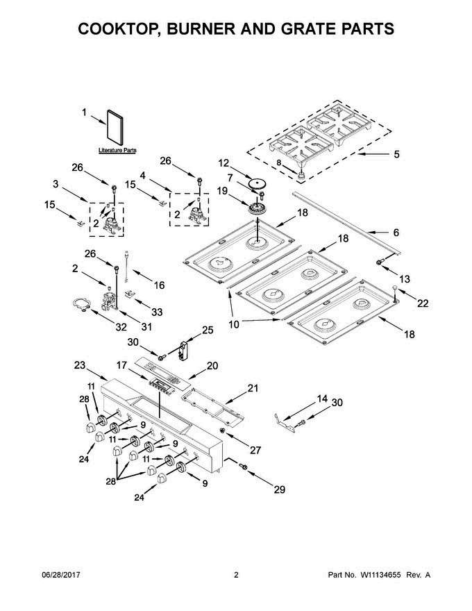 02 - Cooktop, Burner And Grate Parts Diagram and Parts List for KDRS467VBU01  KitchenAid Range