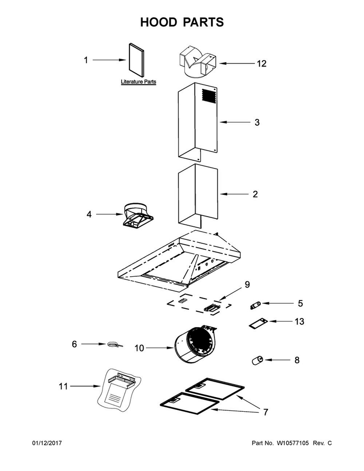 Hood Parts Diagram and Parts List for UXW7230BSS0  Whirlpool Range Hood