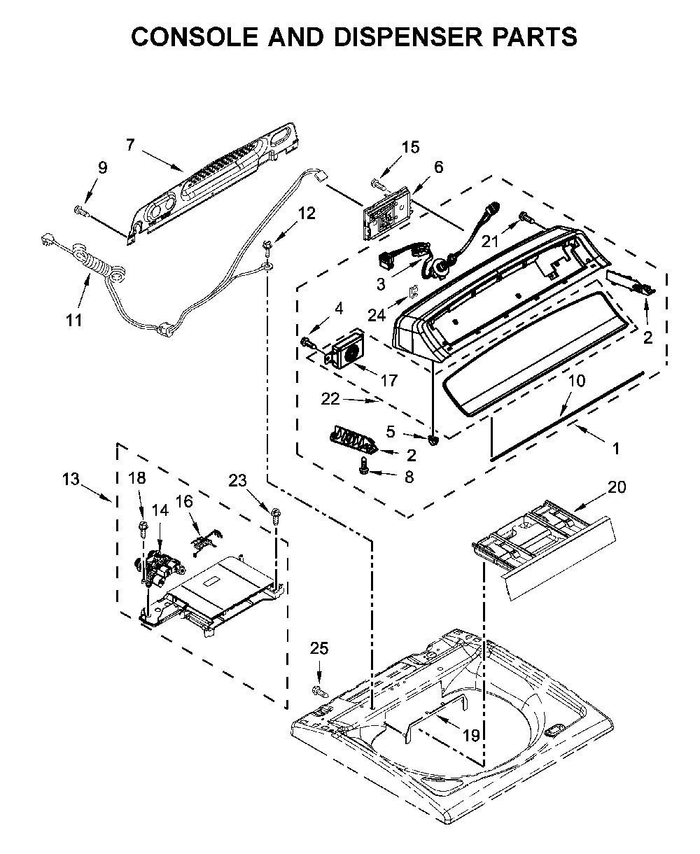 Console and dispenser parts Diagram and Parts List for WTW7500GC3  Whirlpool Washer