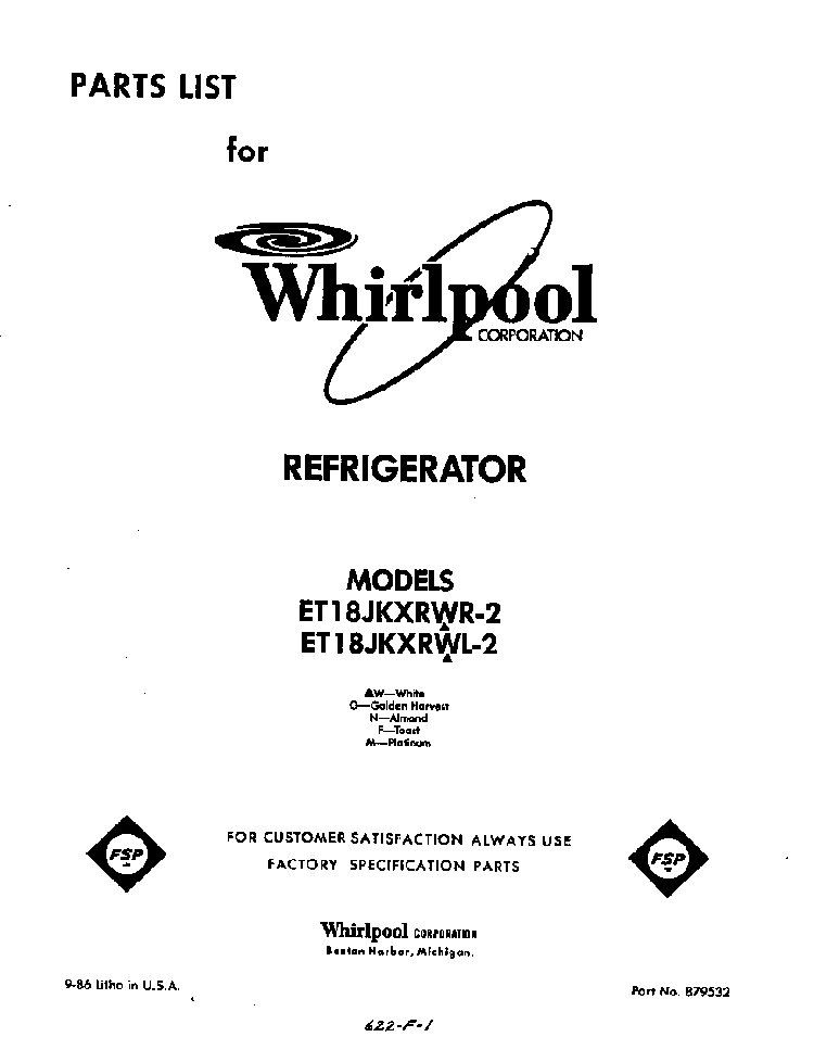 Front Cover Diagram and Parts List for ET18JKXRW2  Whirlpool Refrigerator