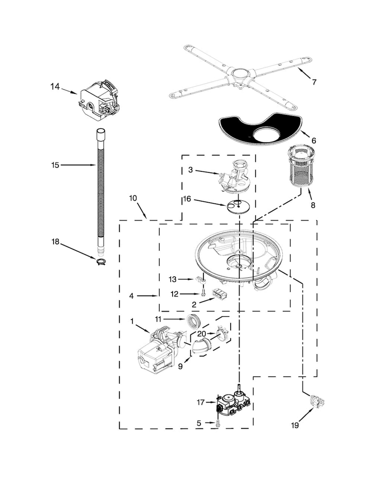 Pump, Washarm And Motor Parts Diagram and Parts List for KDFE304DSS0  KitchenAid Dishwasher