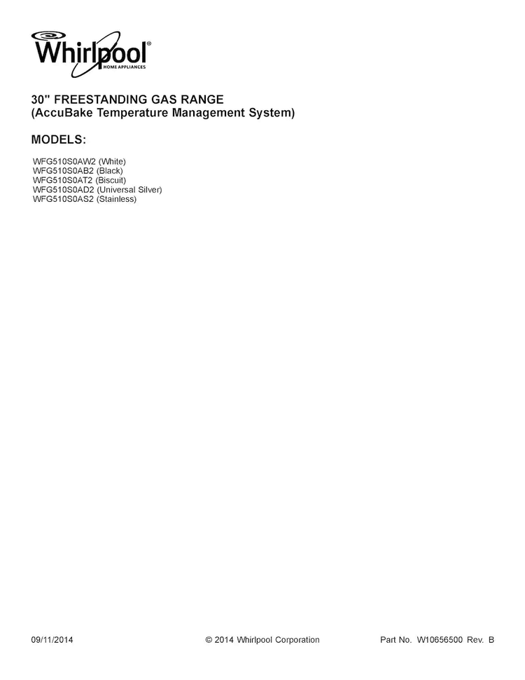 Cover Sheet Diagram and Parts List for WFG510S0AB2  Whirlpool Range