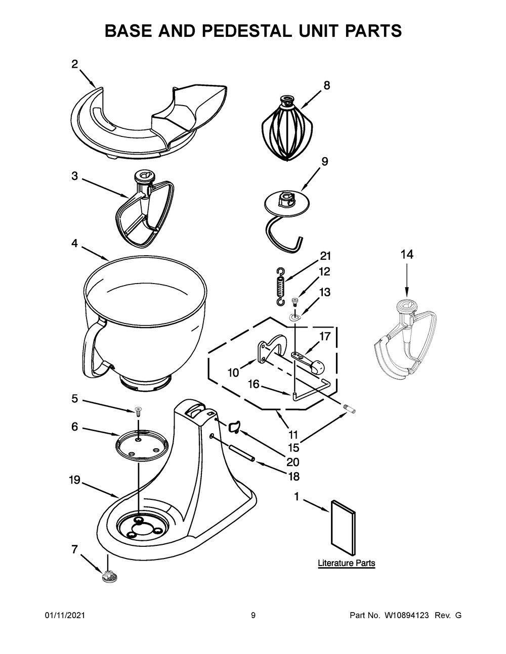 Base And Pedestal Unit Parts Diagram and Parts List for 5KSM175PSEAC4  Whirlpool Mixer