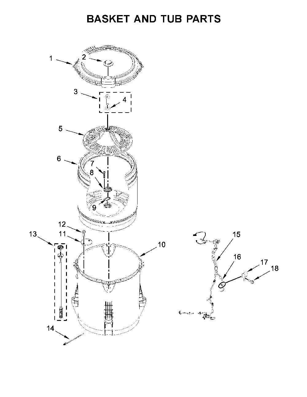 Basket and tub parts Diagram and Parts List for 11025122810  Kenmore Washer
