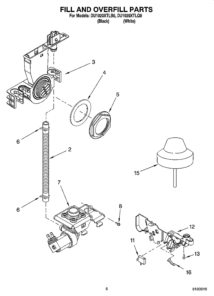 FILL AND OVERFILL PARTS Diagram and Parts List for DU1020XTLB0  Whirlpool Dishwasher