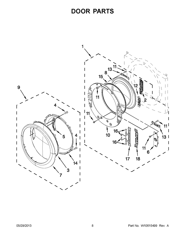 DOOR PARTS Diagram and Parts List for WGD94HEAW1  Whirlpool Dryer