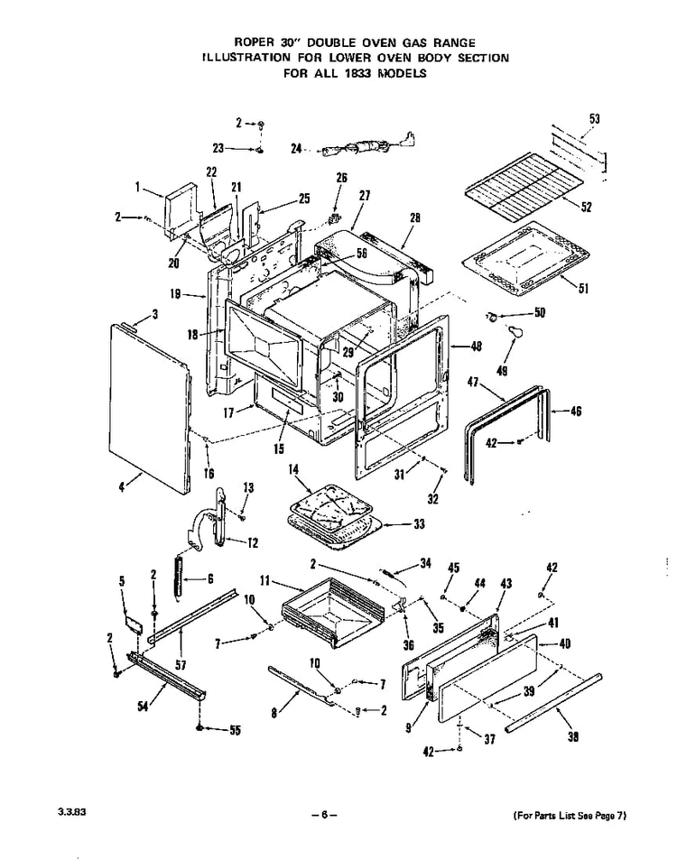 Lower Oven Body Diagram and Parts List for 1833*0A  Roper Wall Oven
