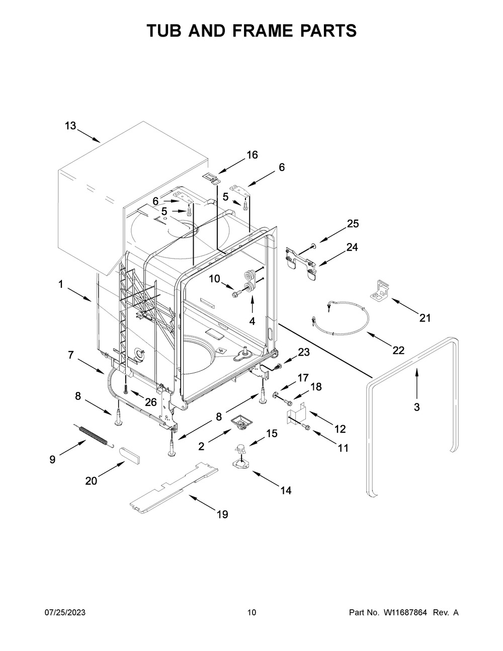 Tub And Frame Parts Diagram and Parts List for WDT730HAMZ1  Whirlpool Dishwasher