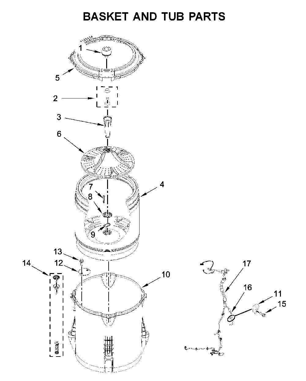 Basket and tub parts Diagram and Parts List for 8TWTW4955JW0  Whirlpool Washer