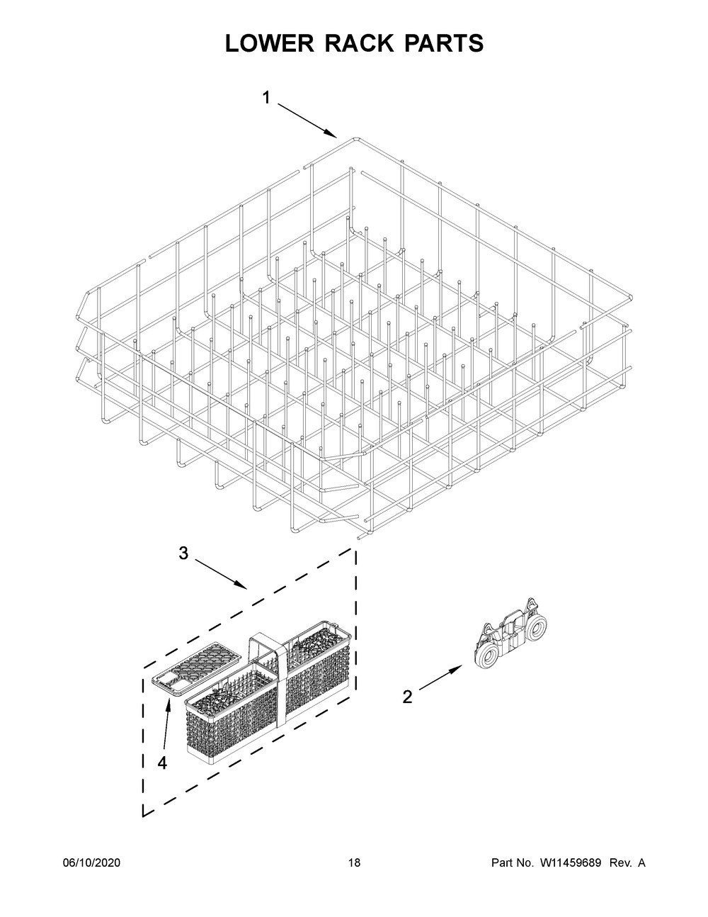 Lower Rack Parts Diagram and Parts List for KDTE304GPS1  Whirlpool Dishwasher