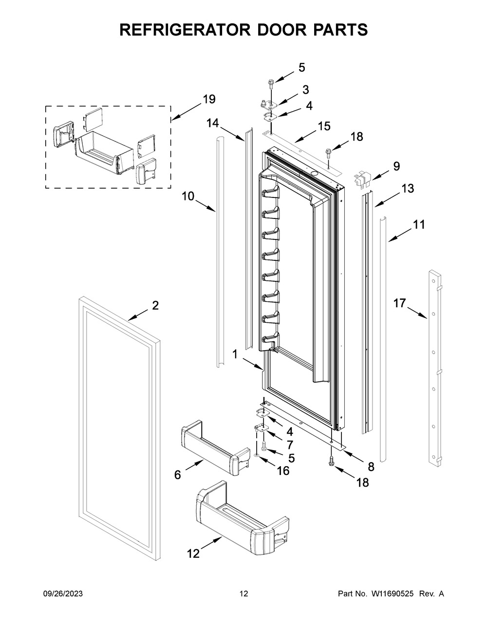 Refrigerator Door Parts Diagram and Parts List for KBFN502EPA05  KitchenAid Refrigerator