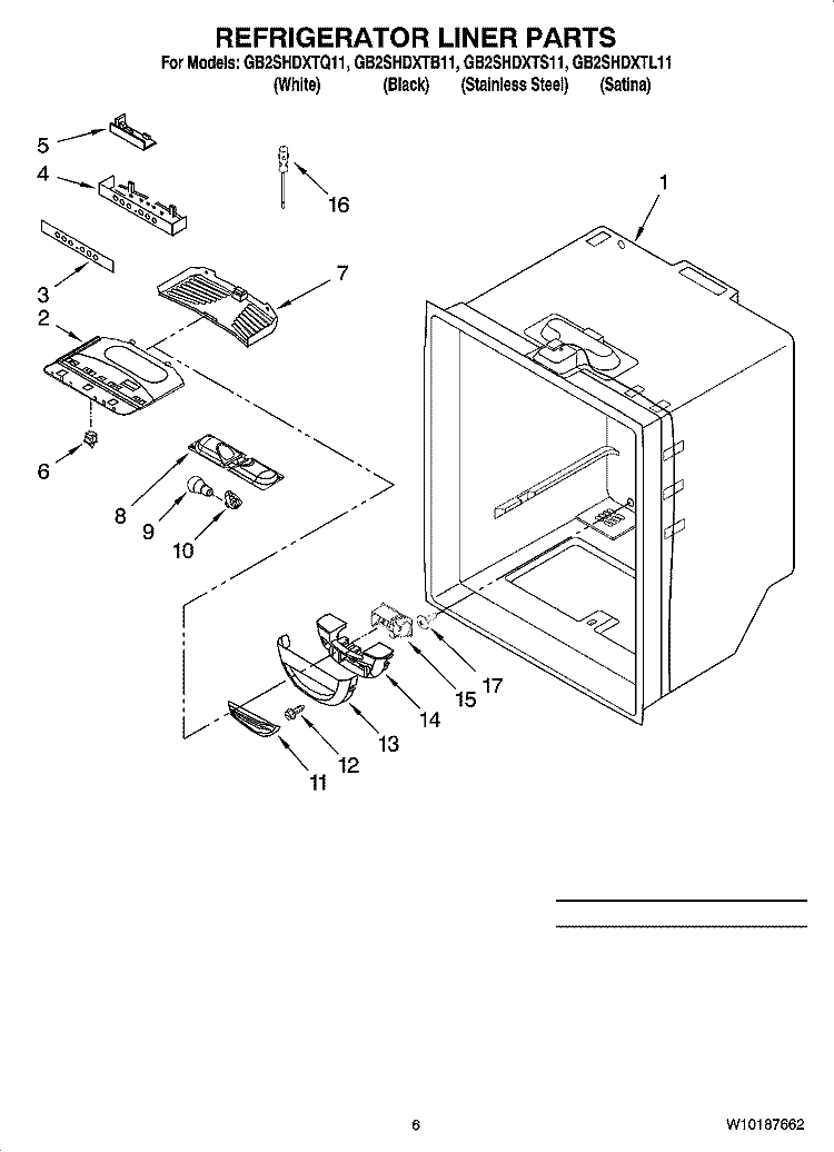 REFRIGERATOR LINER PARTS Diagram and Parts List for GB2SHDXTB11  Whirlpool Refrigerator