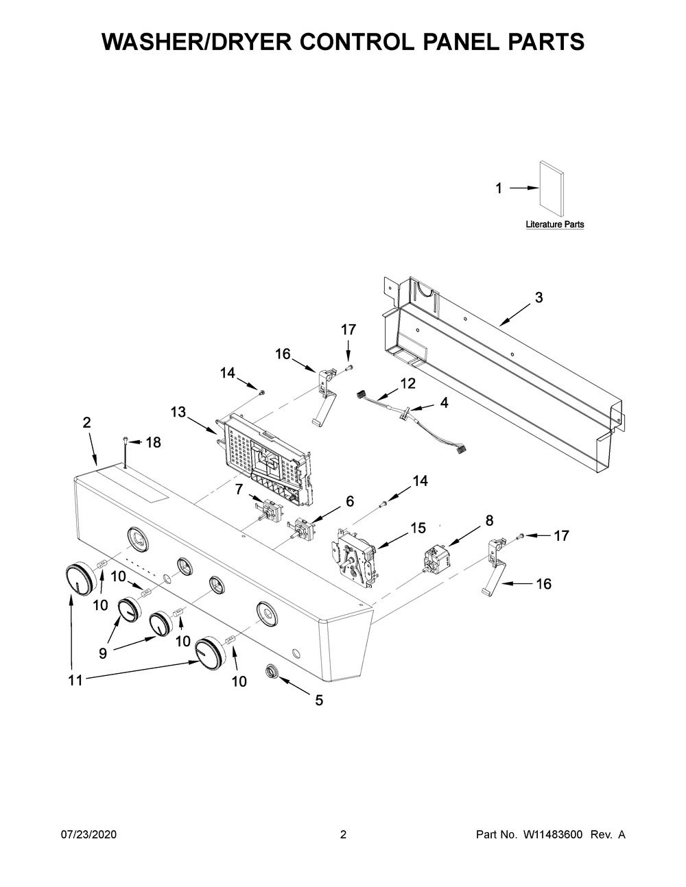 Washer/Dryer Control Panel Parts Diagram and Parts List for WET4027HW1  Whirlpool Washer Dryer Combo