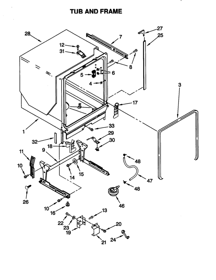 Tub And Frame Diagram and Parts List for KUDS25SEWH0  KitchenAid Dishwasher