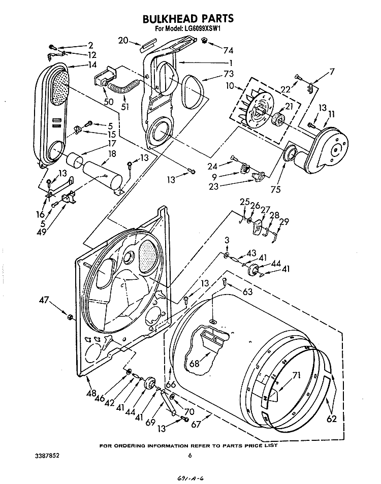 BULKHEAD Diagram and Parts List for LG6099XSW1  Whirlpool Dryer