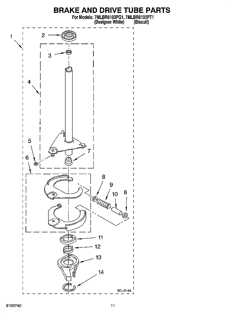 BRAKE AND DRIVE TUBE PARTS Diagram and Parts List for 7MLBR6103PQ1  Whirlpool Washer