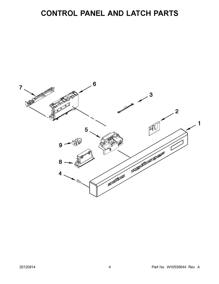 CONTROL PANEL AND LATCH PARTS Diagram and Parts List for KUDC10IBBL0  KitchenAid Dishwasher