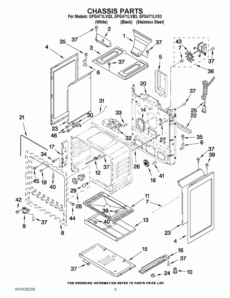 CHASSIS PARTS Diagram and Parts List for GFG471LVQ3  Whirlpool Range