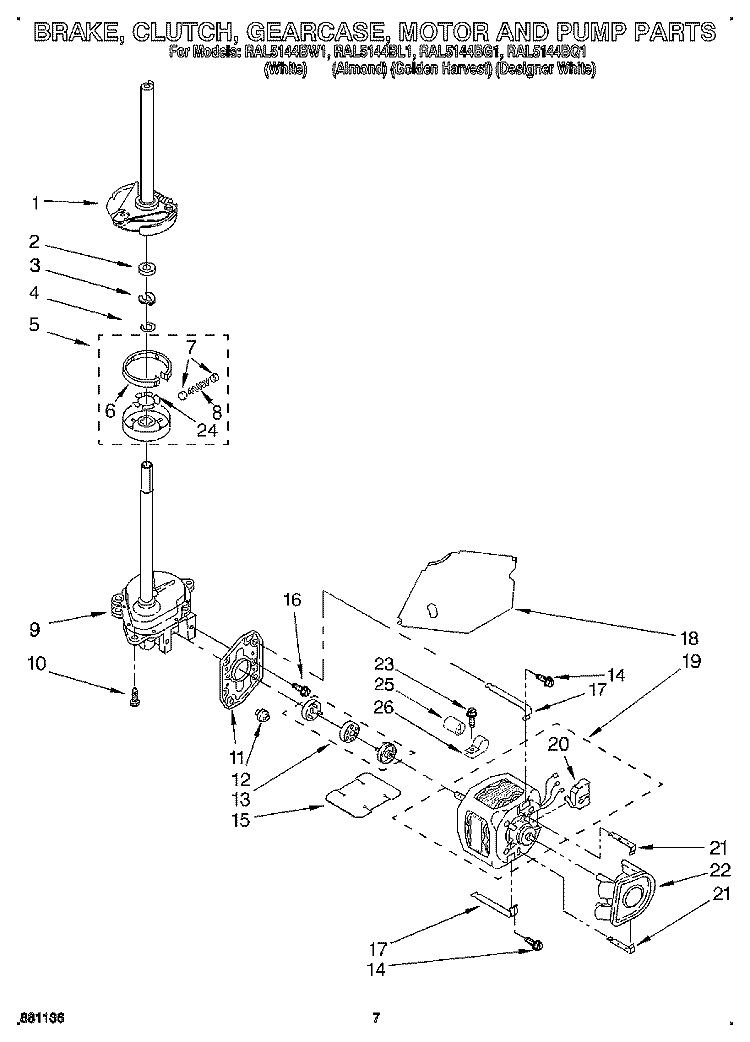 BRAKE, CLUTCH, GEARCASE, MOTOR & PUMP Diagram and Parts List for RAL5144BG1  Whirlpool Washer