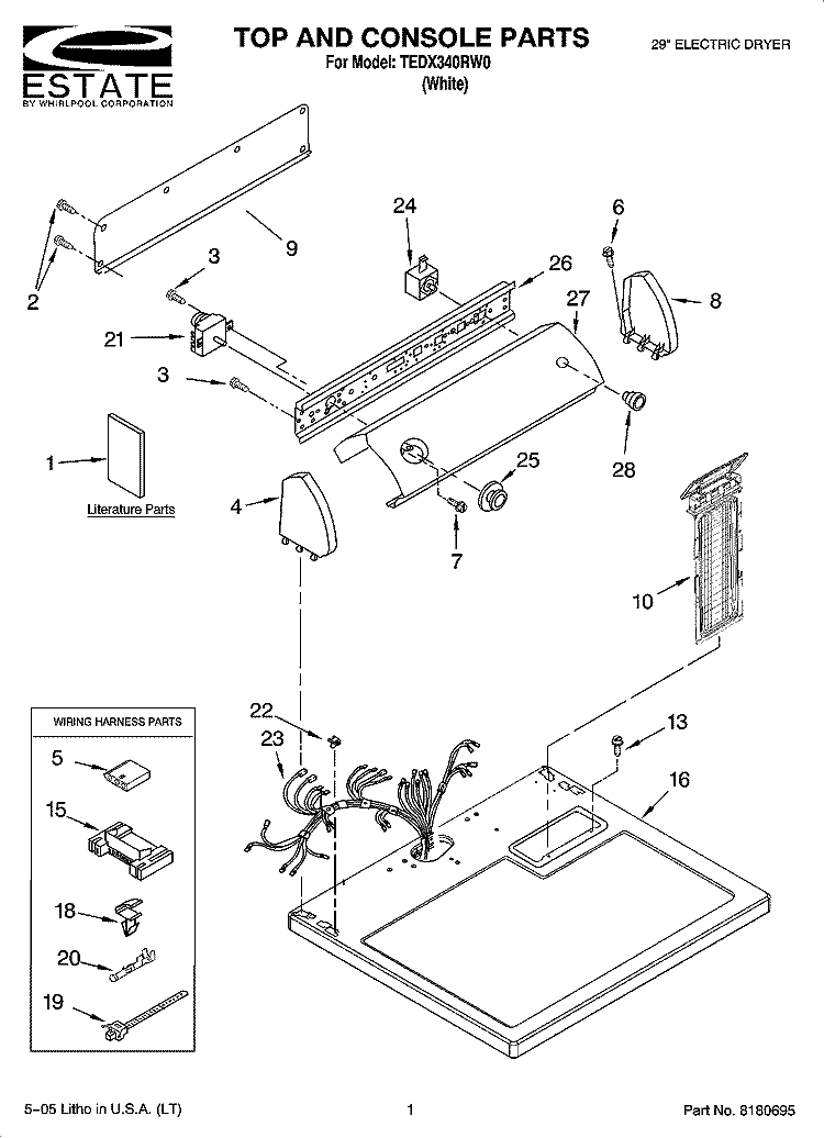 TOP AND CONSOLE PARTS Diagram and Parts List for TEDX340RW0  Estate Dryer