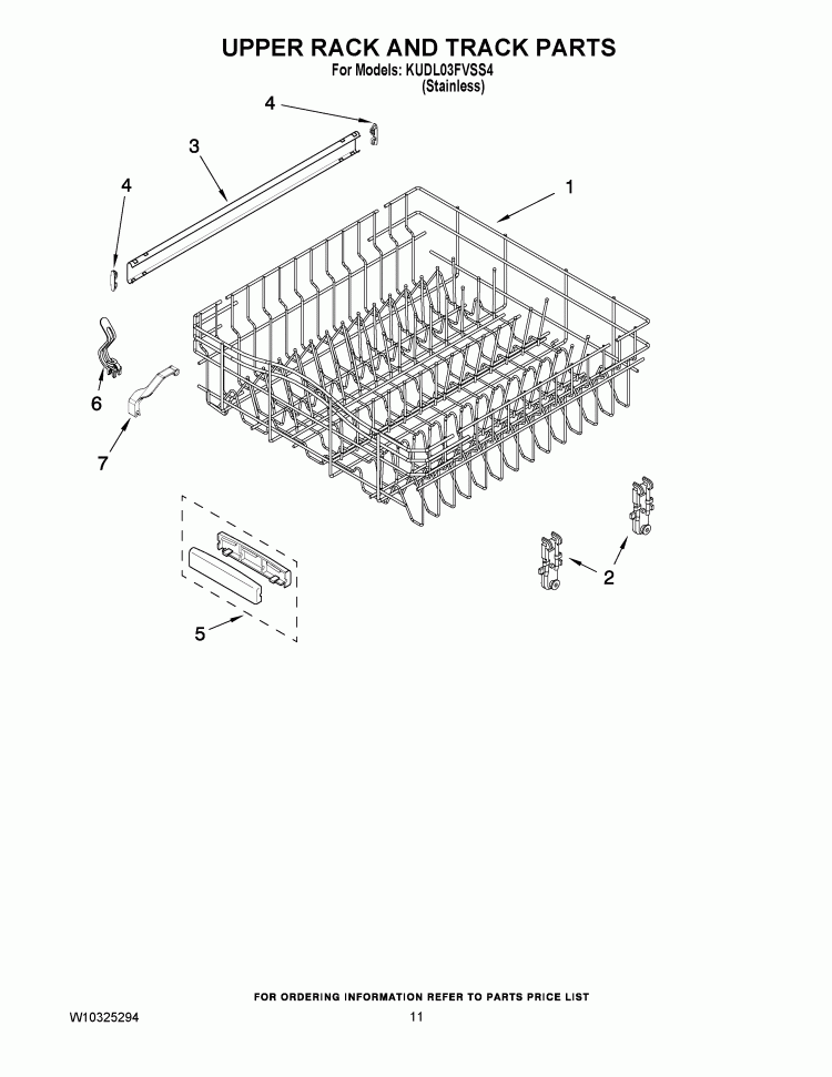 UPPER RACK AND TRACK PARTS Diagram and Parts List for KUDL03FVSS4  KitchenAid Dishwasher