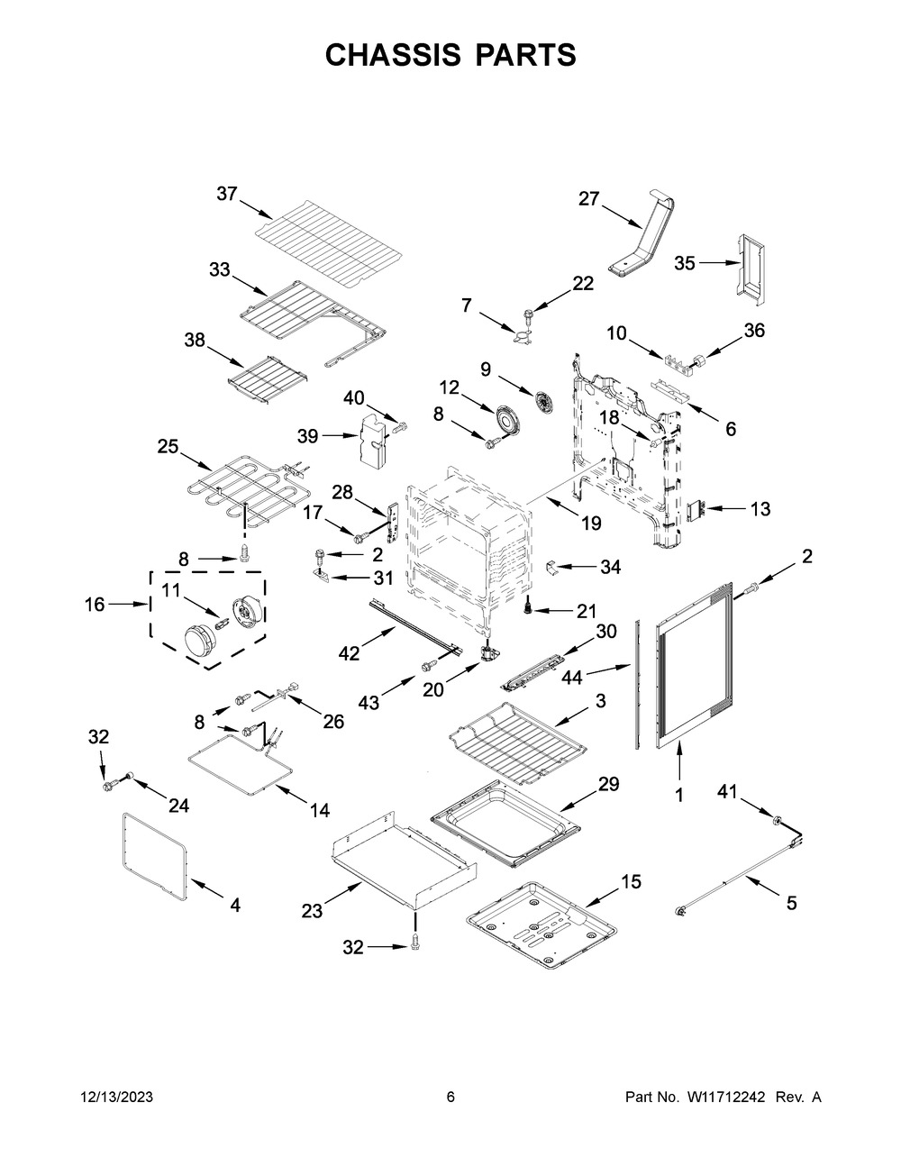 Chassis Parts Diagram and Parts List for YWFE745H0FS6  Whirlpool Range