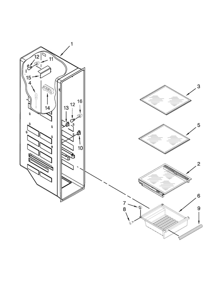 Freezer Liner Parts Diagram and Parts List for WRS586FLDB01  Whirlpool Refrigerator