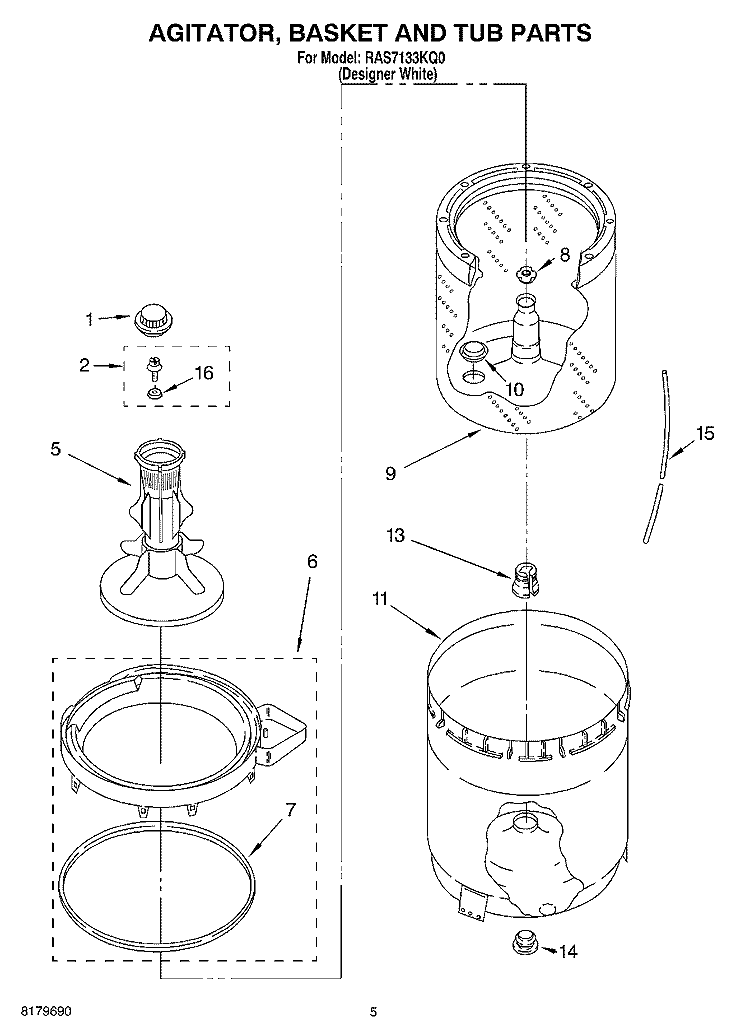 AGITATOR, BASKET AND TUB Diagram and Parts List for RAS7133KQ0  Roper Washer