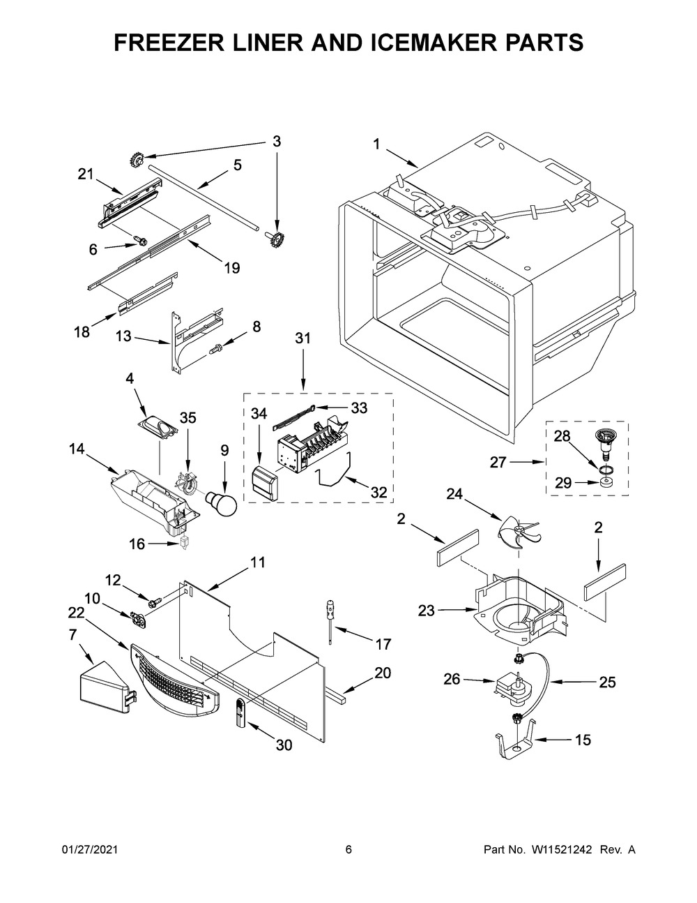 Freezer Liner And Icemaker Parts Diagram and Parts List for KRFC302ESS03  Whirlpool Refrigerator