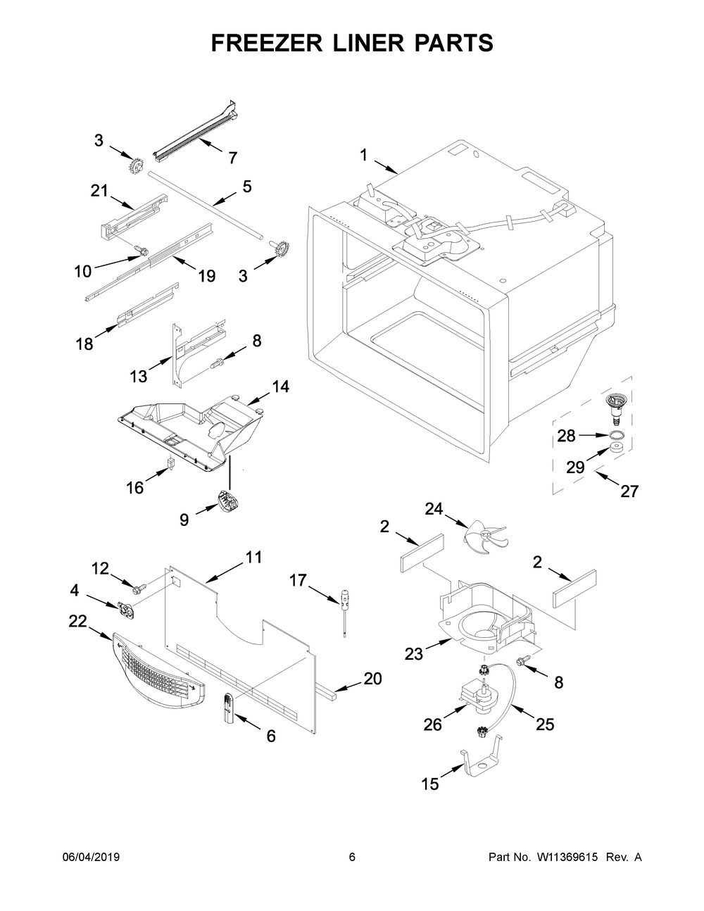 Freezer Liner Parts Diagram and Parts List for WRB329LFBM01  Whirlpool Refrigerator