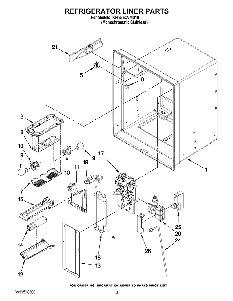 REFRIGERATOR LINER PARTS Diagram and Parts List for KFIS25XVMS10  KitchenAid Refrigerator