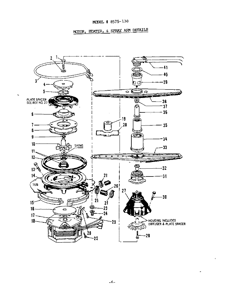 MOTOR, HEATER AND SPRAY ARM Diagram and Parts List for 8575L20  Roper Dishwasher