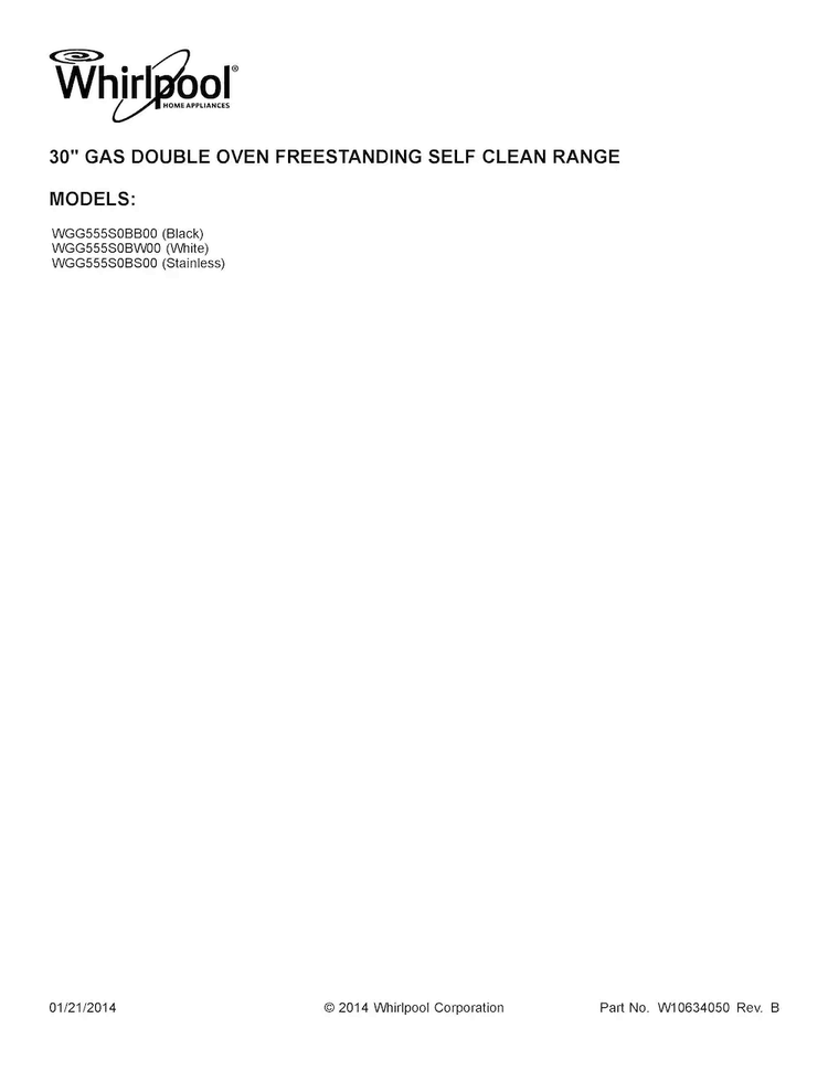 Cover Sheet Diagram and Parts List for WGG555S0BB00  Whirlpool Range