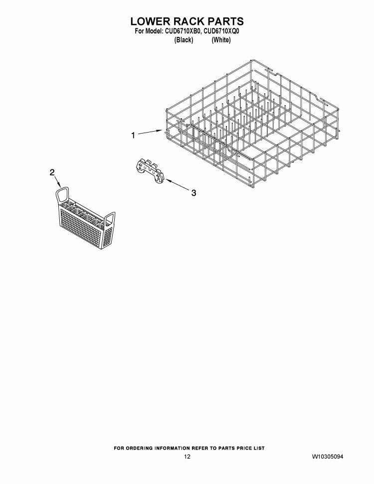 LOWER RACK PARTS Diagram and Parts List for CUD6710XB0  Crosley Dishwasher