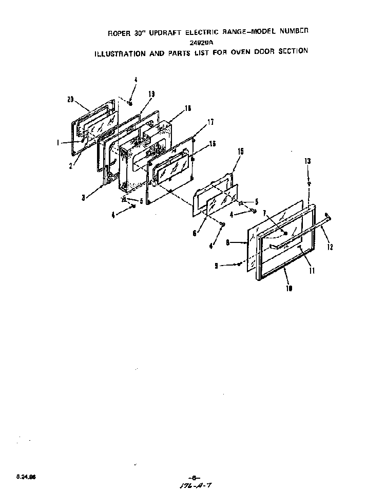 Oven Door Diagram and Parts List for 2492*0A  Roper Range
