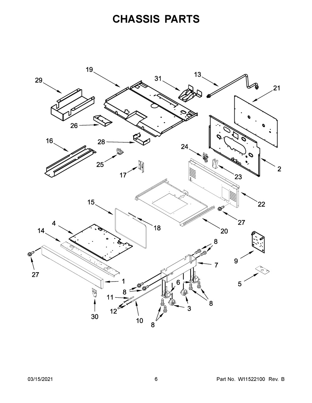 Chassis Parts Diagram and Parts List for JGRP536HM01  Whirlpool Range