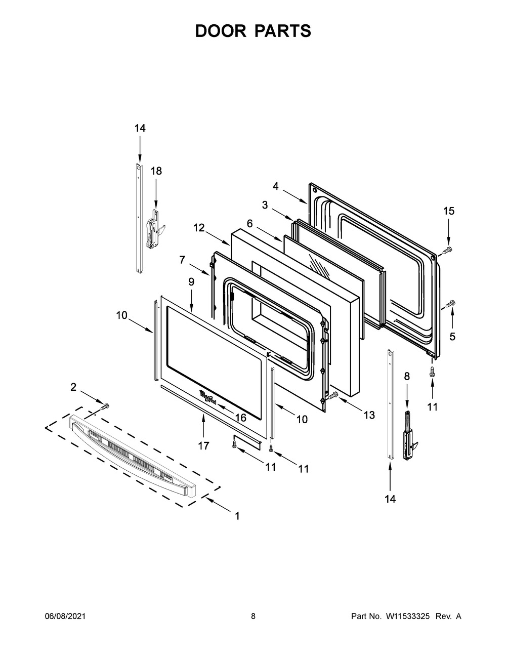 Door Parts Diagram and Parts List for WFE535S0JZ1  Whirlpool Range
