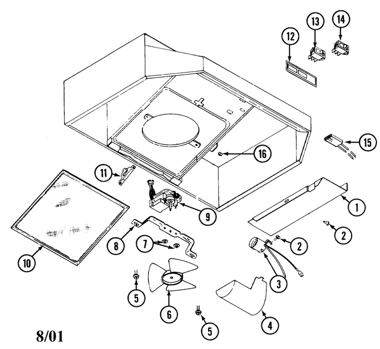 Body/internal Parts Diagram and Parts List for UXT2030AAW  Whirlpool Range Hood