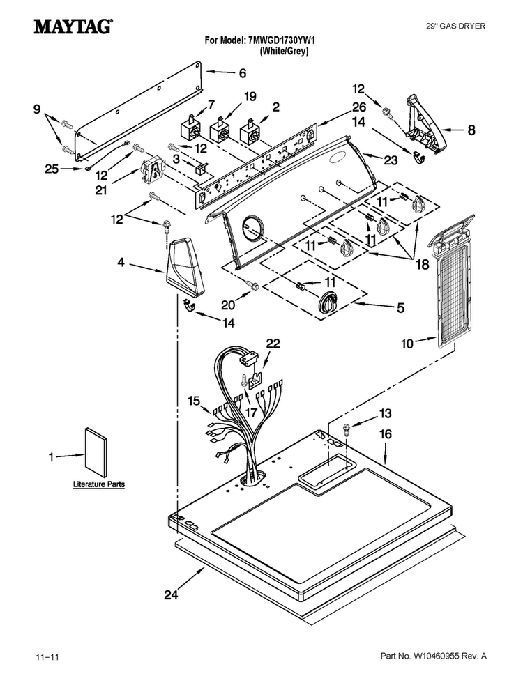 Top And Console Parts Diagram and Parts List for 7MWGD1730YW1  Whirlpool Dryer
