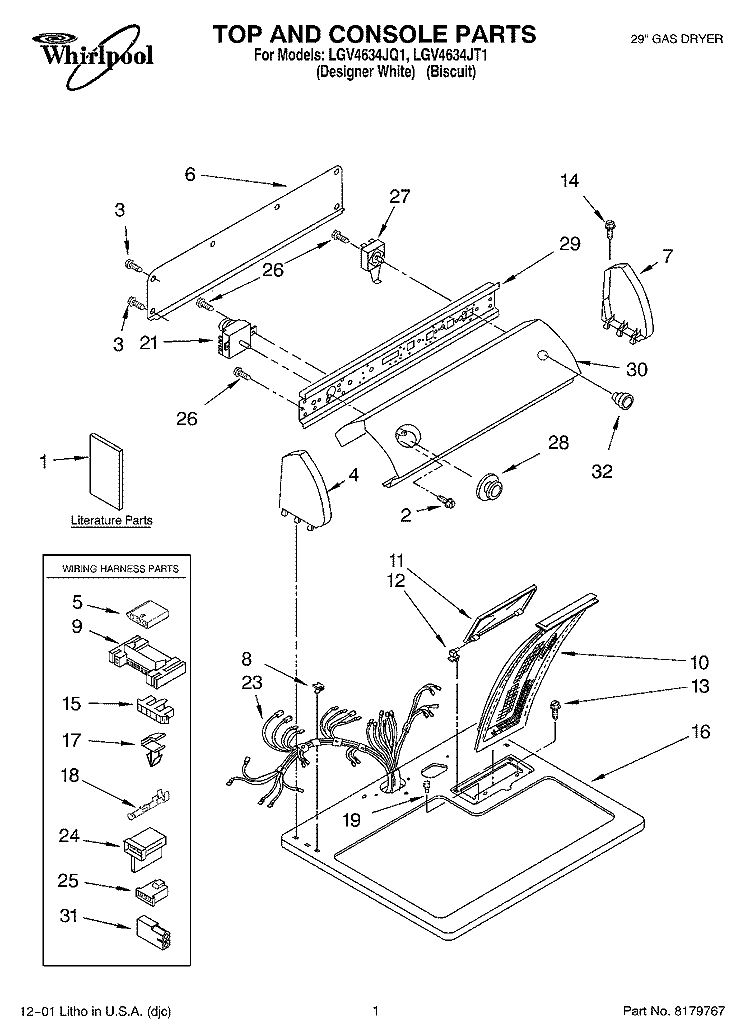 TOP AND CONSOLE, LITERATURE Diagram and Parts List for LGV4634JT1  Whirlpool Dryer