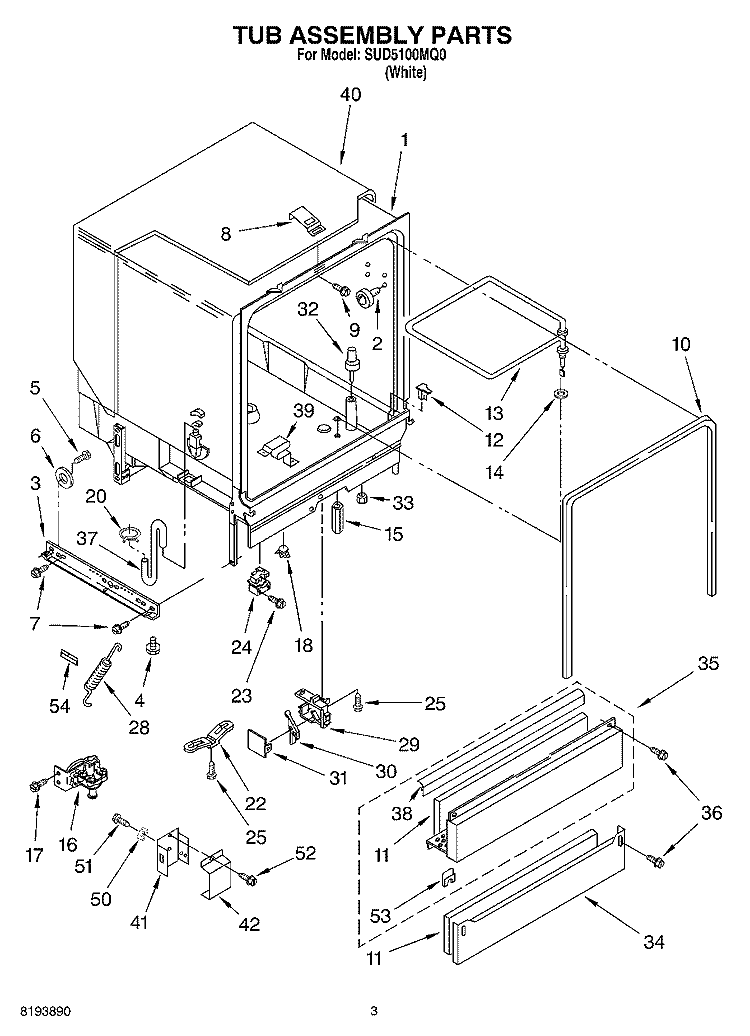 TUB ASSEMBLY PARTS Diagram and Parts List for SUD5100MQ0  Whirlpool Dishwasher