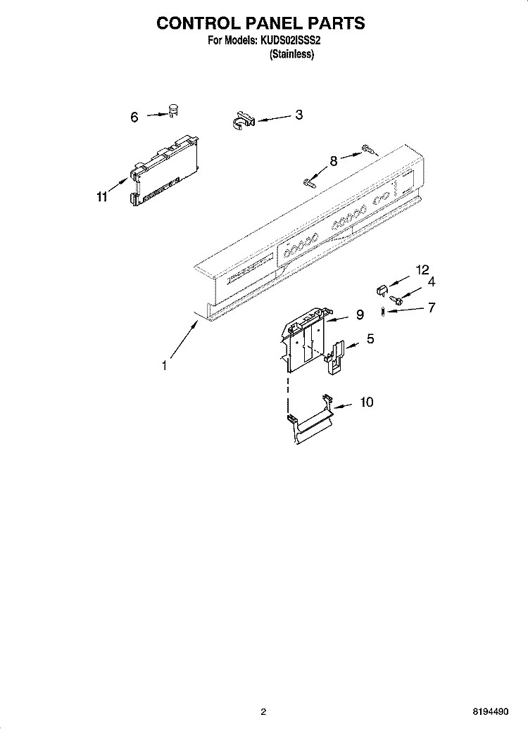 CONTROL PANEL PARTS Diagram and Parts List for KUDS02ISSS2  KitchenAid Dishwasher