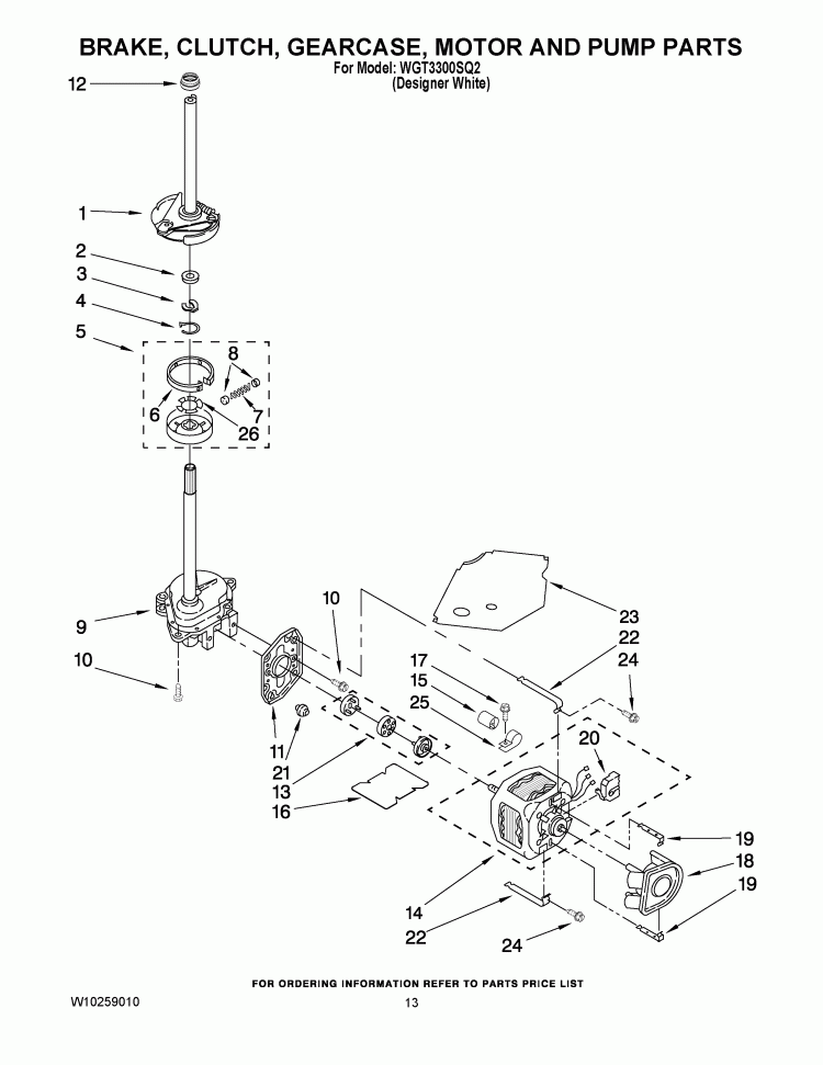 BRAKE, CLUTCH, GEARCASE, MOTOR AND PUMP PARTS Diagram and Parts List for WGT3300SQ2  Whirlpool Washer Dryer Combo