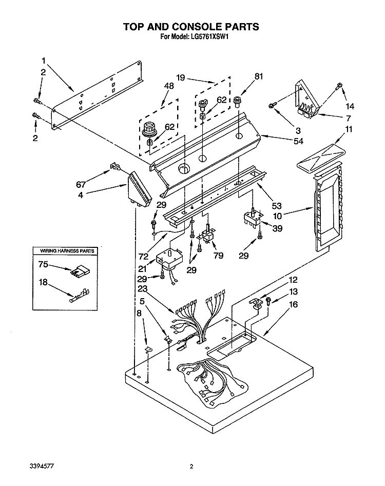 TOP AND CONSOLE, LIT/OPTIONAL Diagram and Parts List for LG5761XSW1  Whirlpool Dryer